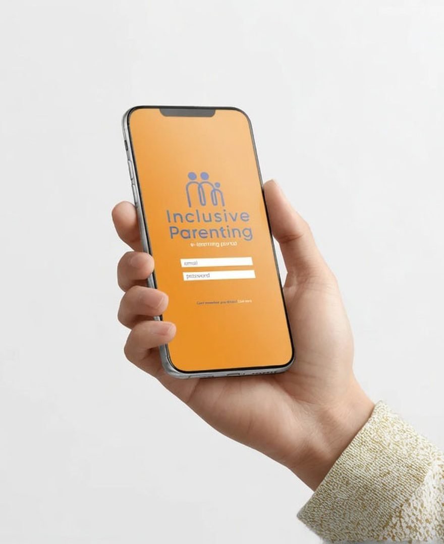 Inclusive Parenting e-learning portal shown on a phone held in one hand